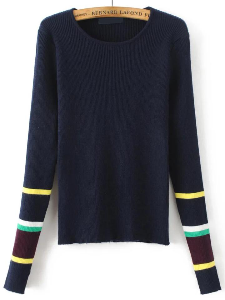 Shein Navy Striped Trim Split Cuff Knitwear