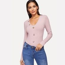 Shein Button Embellished Rib-knit Fitted Tee