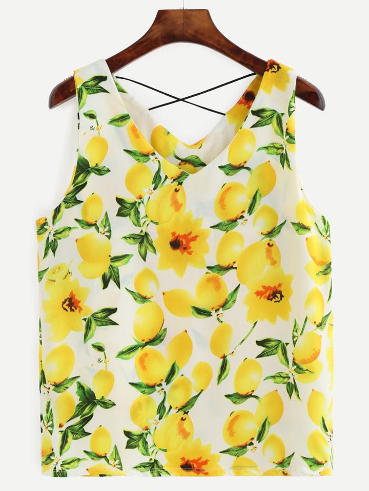 Shein Yellow Lemon Print Criss Cross Tank Top