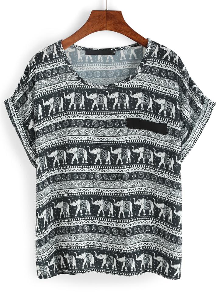 Shein Black Elephant Print Cuffed Chiffon T-shirt