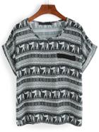 Shein Black Elephant Print Cuffed Chiffon T-shirt