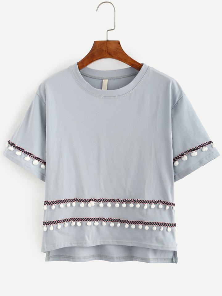 Shein Grey Embroidered Tape Detail Pom Pom T-shirt