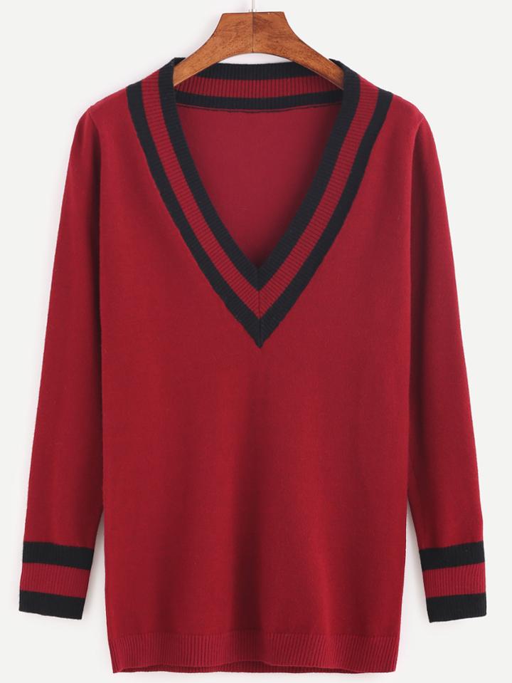 Shein Burgundy Striped Trim Pullover Sweater