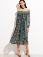 Shein Blue Tribal Print Smocked Off The Shoulder Ruffle Hem Dress