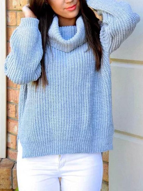 Shein Blue High Neck Dip Hem Knit Sweater
