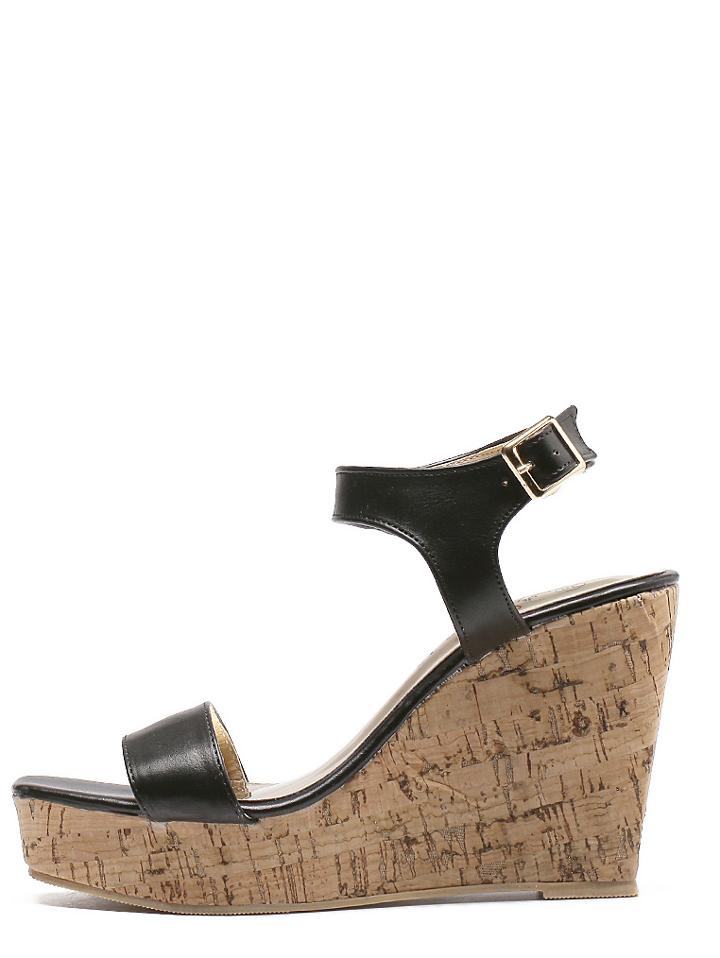 Shein Black Peep Toe Buckle Cork Wedge Sandals
