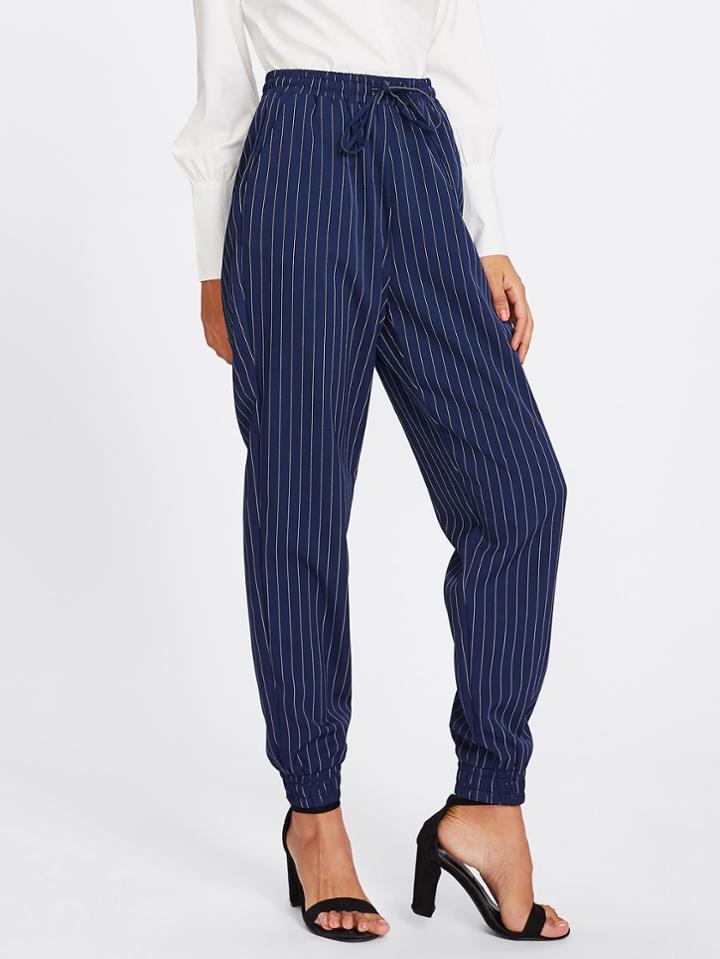 Shein Shirred Waist And Hem Pinstripe Peg Pants