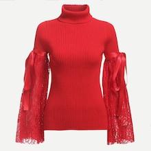 Shein Lace Sleeve Rib Knit Fitted Jumper