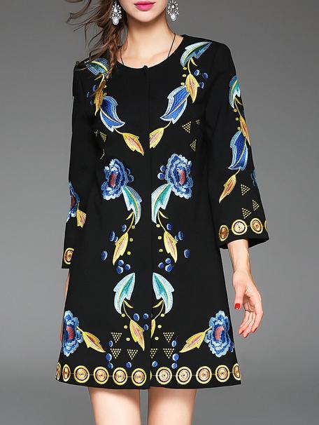 Shein Black Crew Neck Flowers Embroidered Coat