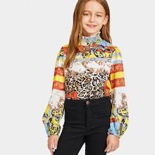 Shein Girls Mixed Print Shirred High Neck Top
