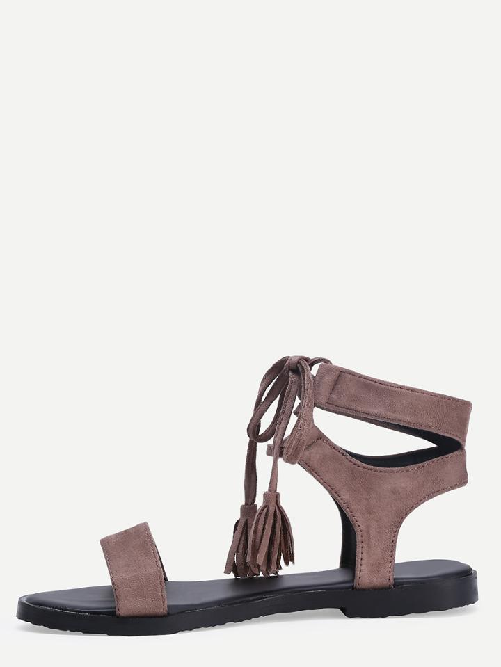 Shein Khaki Open Toe Tassel Ankle Strap Sandals