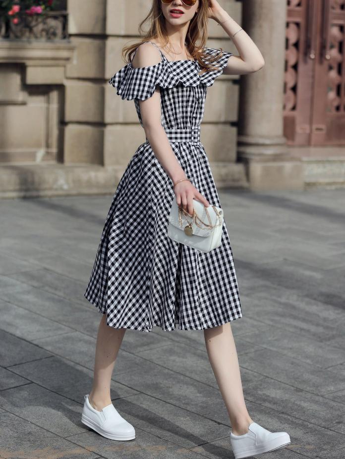 Shein Black Checkerboard Fold Over Cold Shoulder Dress