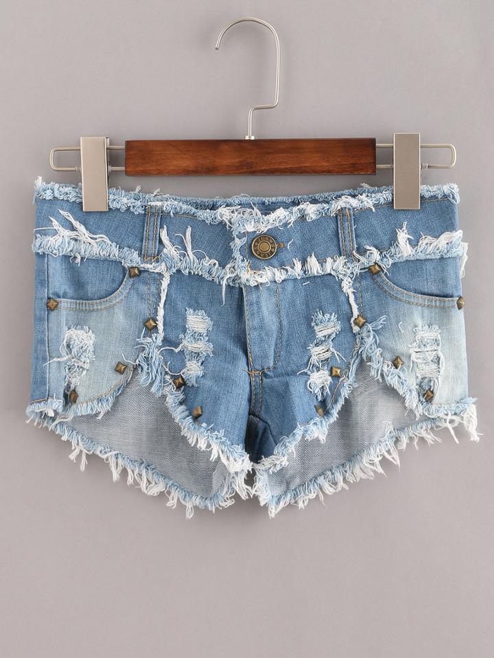Shein Blue Fringe Studed Denim Shorts