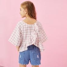 Shein Girls Ruffle Hem Raglan Sleeve Grid Top