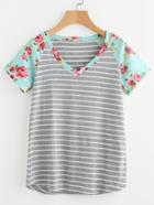 Shein V Neckline Contrast Floral Print Striped Tee