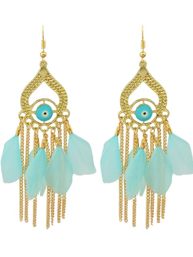 Shein Blue Retro Style Colorful Feather Chandelier Earrings
