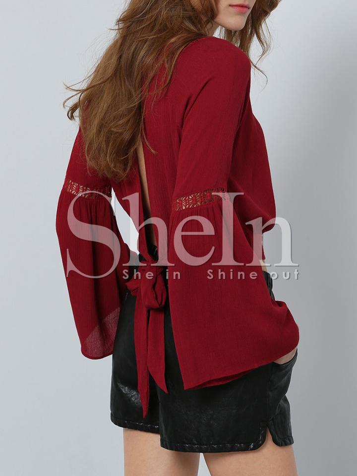 Shein Red Long Sleeve Knotted Blouse