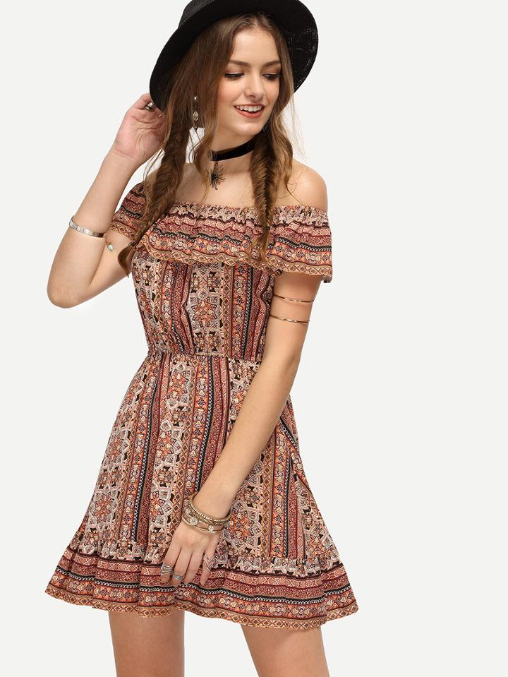 Shein Multicolor Off The Shoulder Floral Print Dress