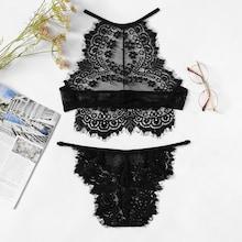 Shein Plus Eyelash Floral Lace Halter Lingerie Set