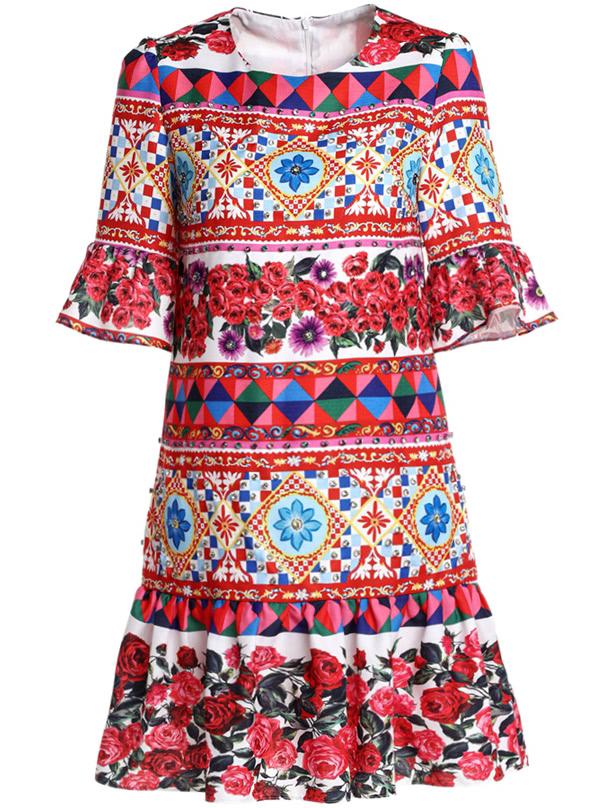 Shein Bell Sleeve Rose Print Ruffle Dress