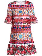 Shein Bell Sleeve Rose Print Ruffle Dress