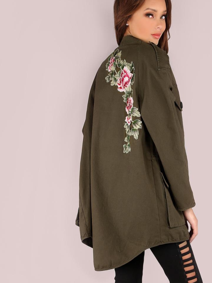 Shein Oversized Embroidered Hoodless Utility Jacket Olive