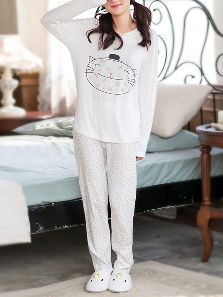Shein Cartoon Cat Print Tee & Leopard Pants Pj Set