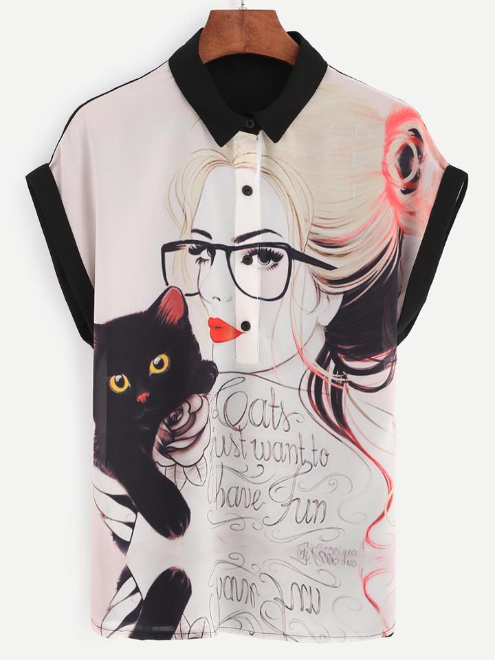 Shein Contrast Portrait Print Roll Sleeve Chiffon Blouse