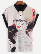 Shein Contrast Portrait Print Roll Sleeve Chiffon Blouse