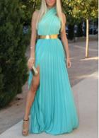 Rosewe Halter Neck Slit Design Blue Maxi Dress