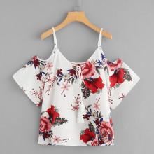 Shein Open Shoulder Floral Print Lace Up Top