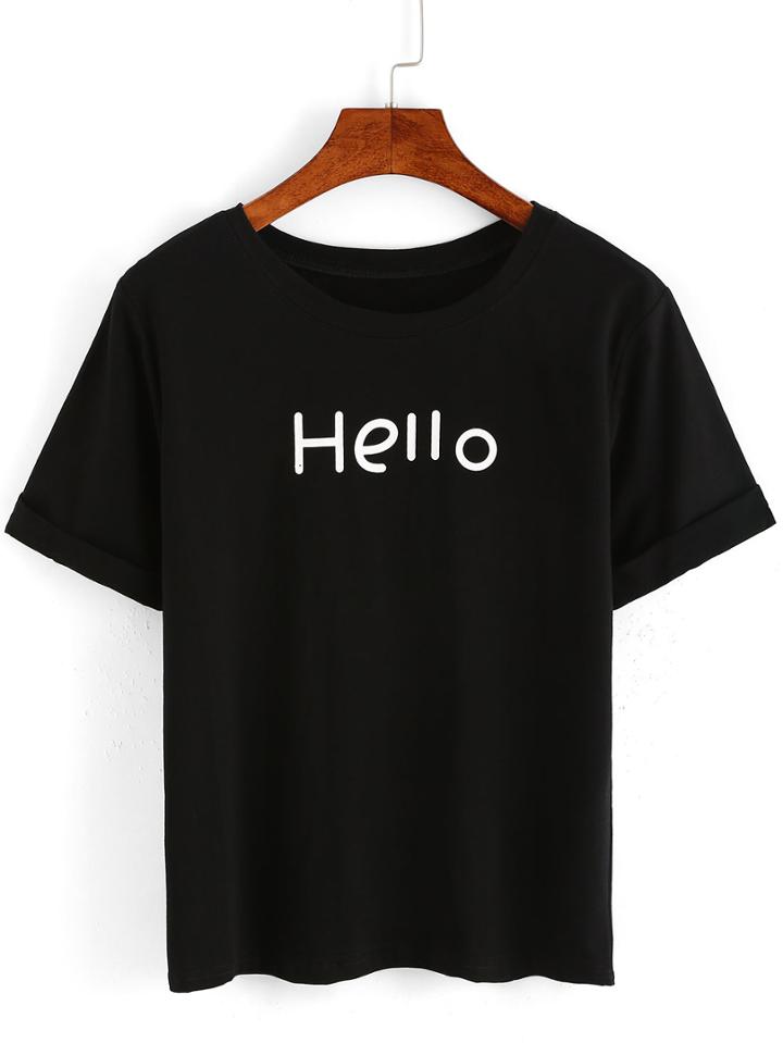 Shein Letter Print Rolled Sleeve T-shirt - Black