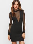 Shein Black Mesh Plunge Neck And Sleeve Zip Back Bodycon Dress