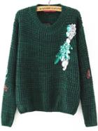 Shein Green Sequin Detail Round Neck Sweater