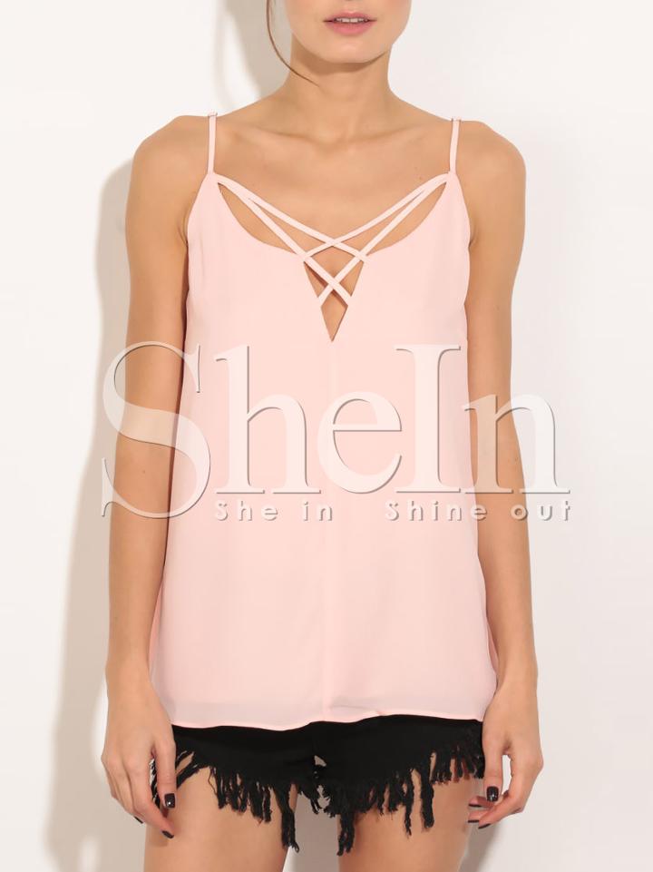 Shein Pink Spaghettic Strap Lace Up Chiffon Cami Top