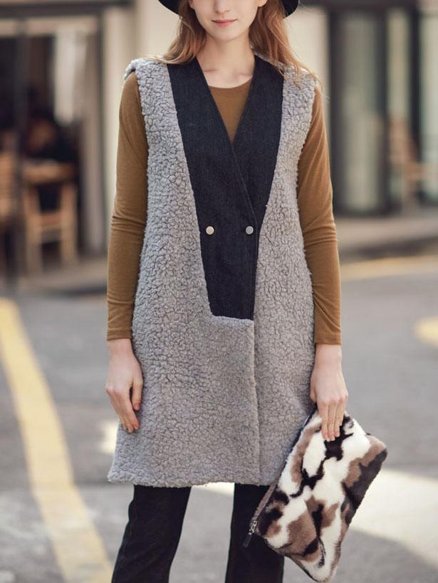 Shein Grey V Neck Double Breasted Vest Coat