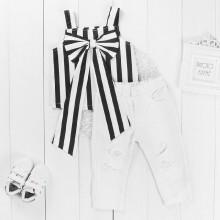 Shein Girls Bow Striped Cami Top With Destroyed Jeans