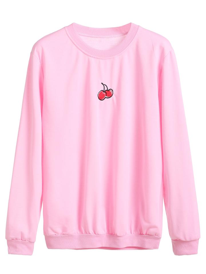 Shein Pink Cherry Embroidered Sweatshirt