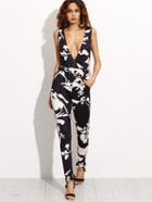 Shein Floral Print Plunging Slim Jumpsuit