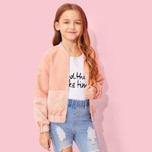 Shein Girls Color Block Zip Up Bomber Jacket