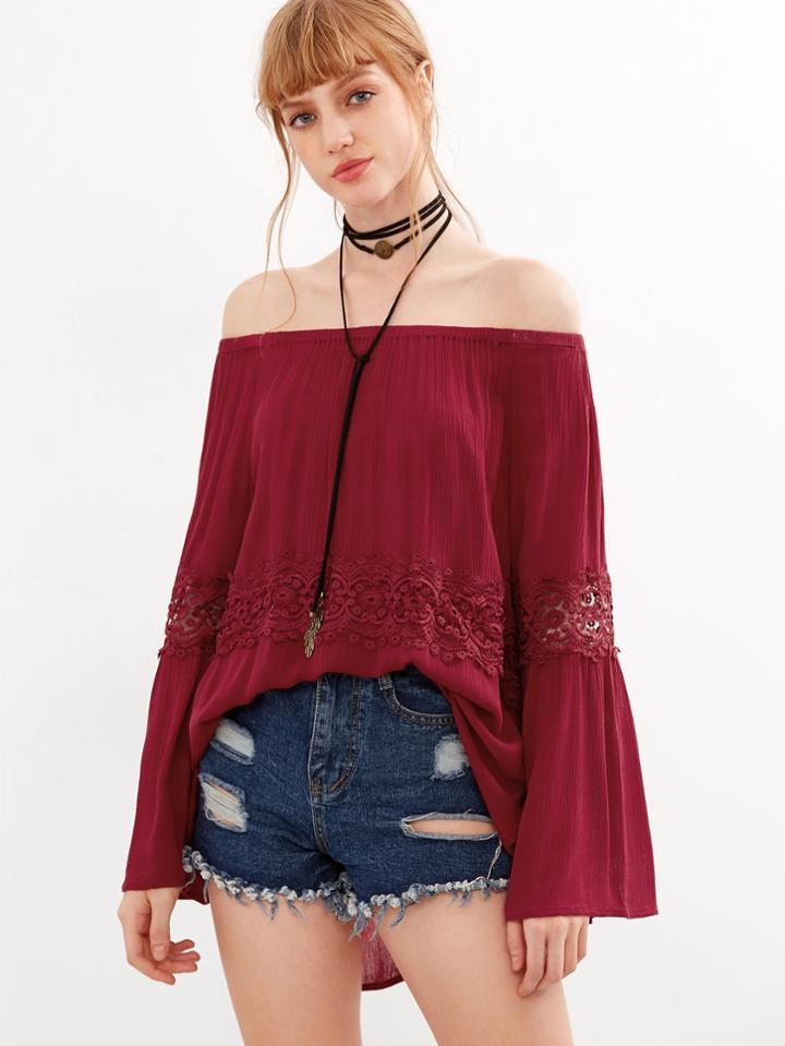 Shein Burgundy Off The Shoulder Lace Crochet Top