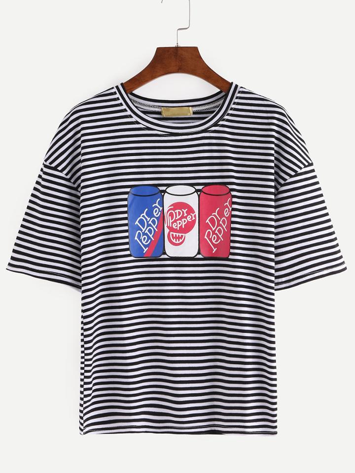 Shein Soda Can Print Black White Striped T-shirt