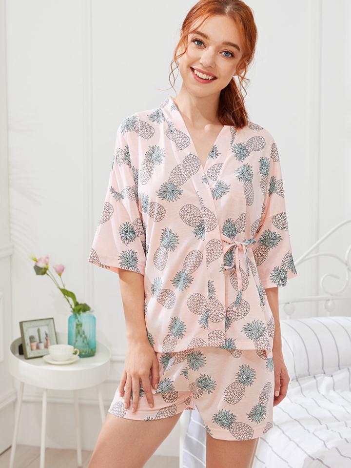 Shein Pineapple Print Wrap Top & Shorts Pj Set
