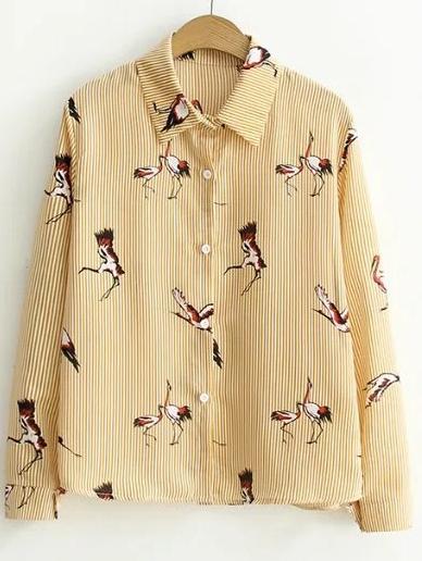 Shein Vertical Striped Cranes Embroidery Blouse