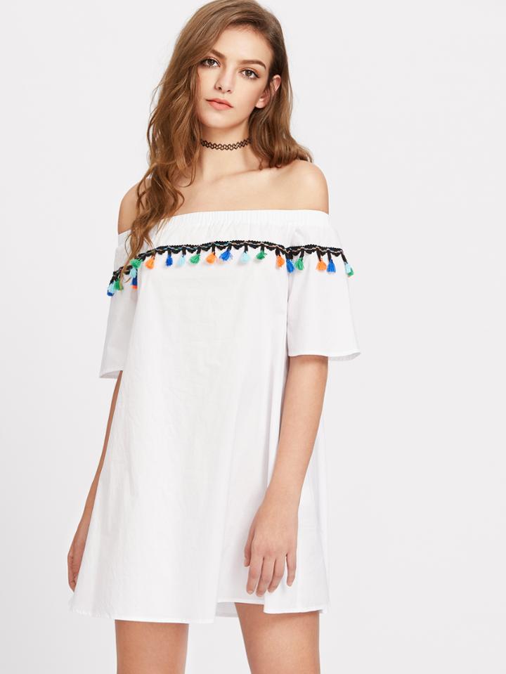 Shein Tassel Trim Bell Sleeve Bow Back Trapeze Dress