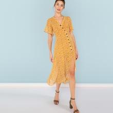 Shein Asymmetric Buttoned Placket Floral Dress