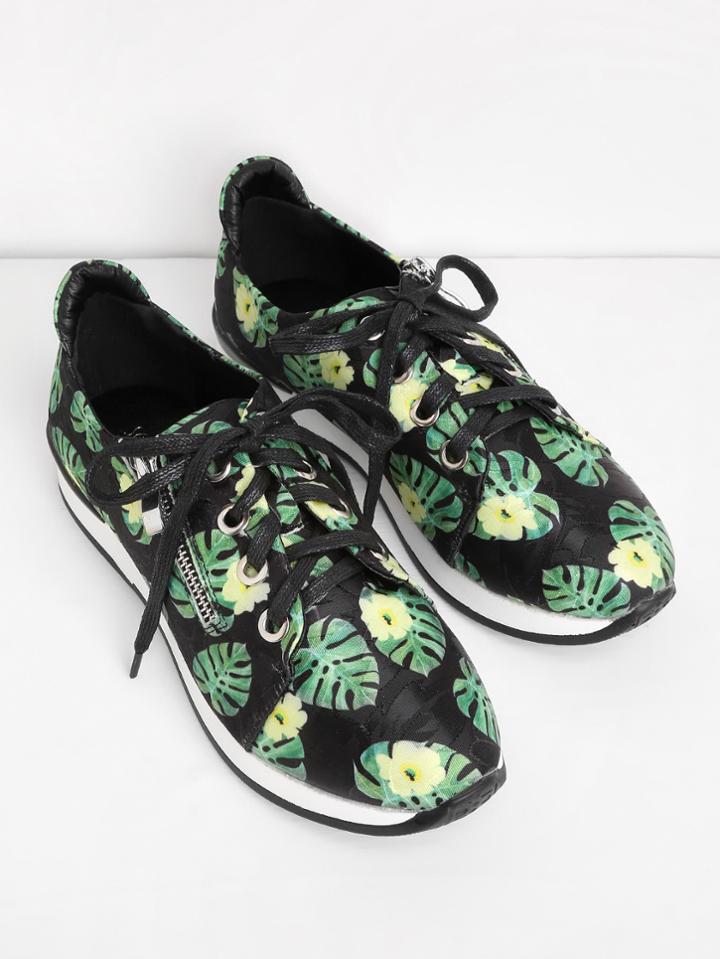 Shein Flower Print Wide Fit Lace Up Trainers