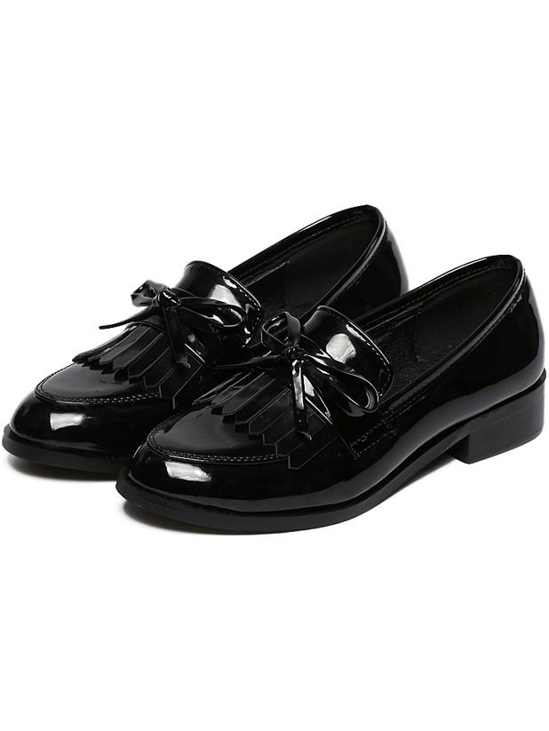 Shein Black Almond Toe Bow Fringed Front Low Heel Shoes