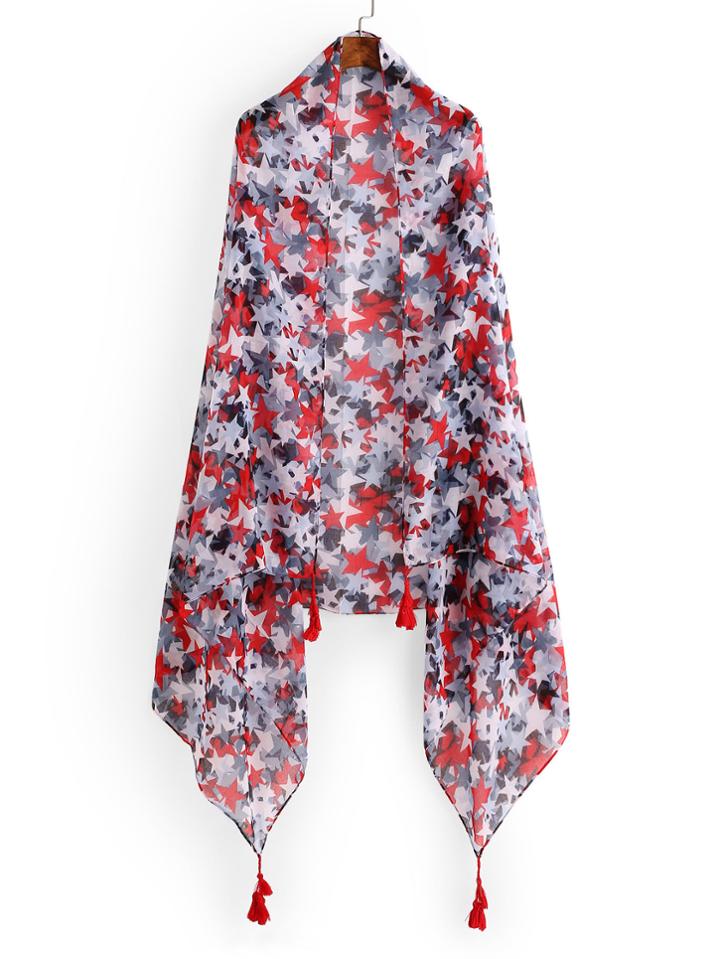 Shein Star Print Fringe Detail Scarf