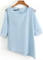 Rosewe Laconic Round Neck Half Sleeve Blue Chiffon T Shirt